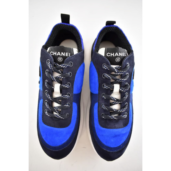 Chanel 21K Blue Suede White CC Logo Lace Up Tie Flat Runner Trainer Sneaker 39.5 - Picture 9 of 11